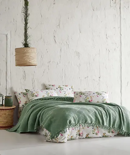 Летнее постельное белье с покрывалом-пике Mona yesil Saheser pbe0051384 - фото 1