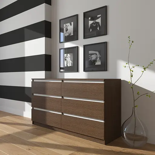 Комод Vays R-7 Венге Темний-Білі планки, 6 шухляд без ручок, ЛДСП, 140×40×75 см- для дому, офісу, вітальні, спальні