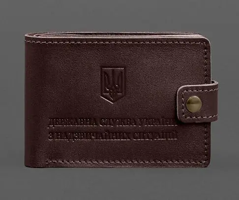 Кожаная обложка-портмоне на удостоверение ГСЧС бордовая - фото 1