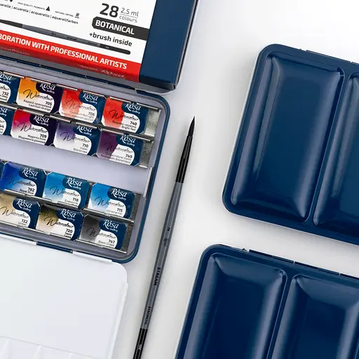 Набір акварельних фарб з пензлем BOTANICAL 28×2.5 мл кювета Індіго металевий пенал Rosa Gallery - фото 4