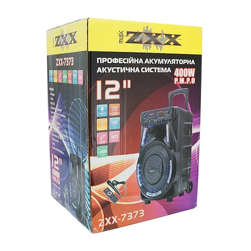 Потужна акустична система з підсвічуванням ZXX - 7373, 400W, Дротовий мікрофон, вбудований акум 12В 7А, живлення 220в, Black, Box - фото 2