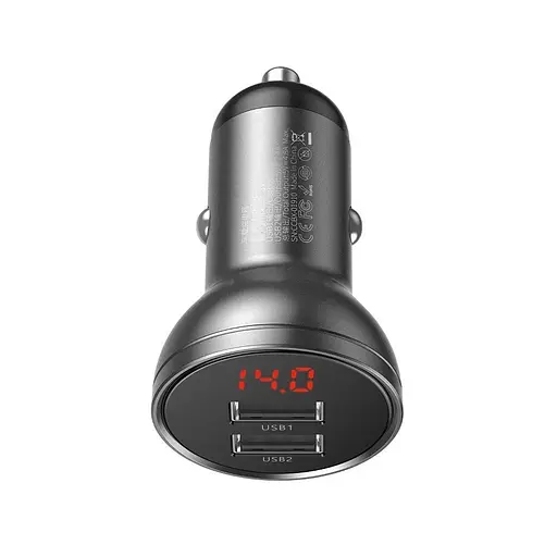 Автомобільний зарядний пристрій Baseus Digital Display Dual USB 4.8A Car Charger 24W Сірий - фото 1