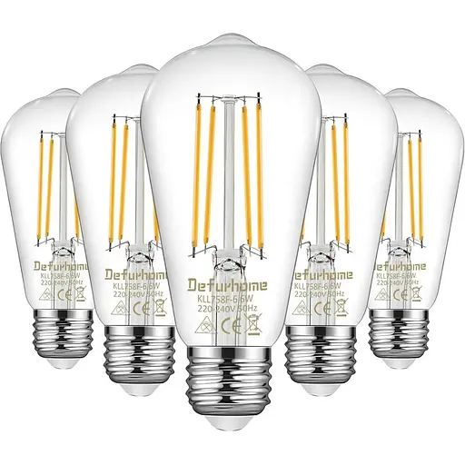 Defurhome ST58 E27 6W Світлодіодні лампочки Edison 60W Equivalent, денний білий 5000K, не затемнений, прозоре скло, базова лампа