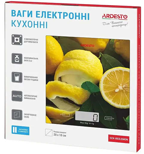 Электронные весы кухонные настольные Ardesto SCK-893LEMON с сенсорным управлением до 5кг LCD-дисплей - фото 6