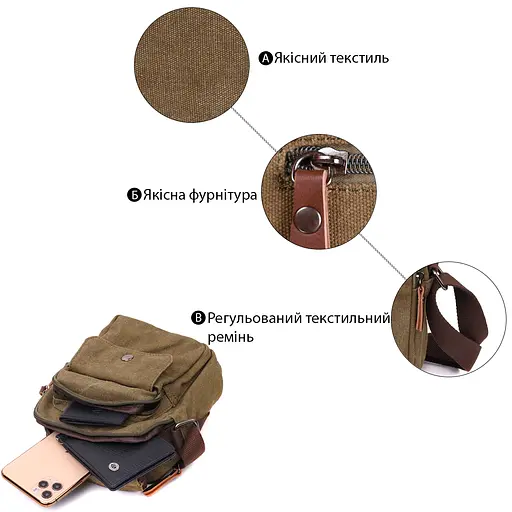 Цікава невелика чоловіча сумка із щільного текстилю Vintage 14,5х19х10,5 см sum0028942 - фото 4