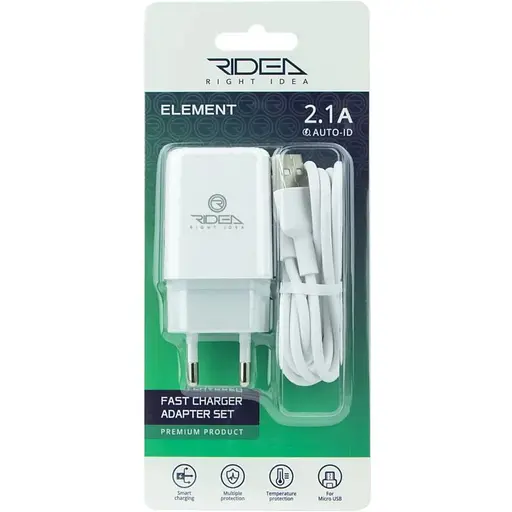 Мережевий зарядний пристрій Ridea RW-11011 Element Auto-ID USB - microUSB 2.1 A White - фото 2