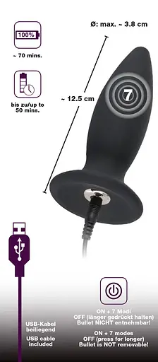 Анальна пробка Black Velvets Rechargeable Plug M 12.5 см (чорний) - фото 5