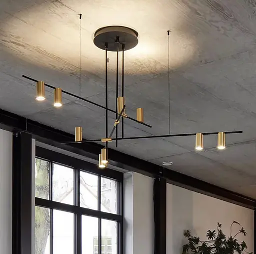 Линейная подвесная люстра на 9 плафонов-спотов цвета латунь Line.F MD 8021-9 BK+GD - фото 1