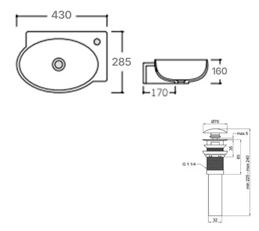 Комплект Qtap Leo: Раковина підвісна овальна права 430x285x160 мм White + Донний клапан PU02O (QT11115011RWN47333) - фото 7