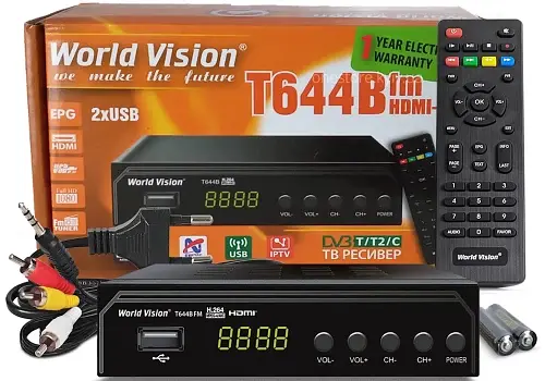 TV-тюнер внешний автономный World Vision T644B, Black, H.265, AC3, DolbyDigital, DVB-T2/T/C, FM тюнер, IPTV, DLNA, Stalker, 7 кнопок, дисплей, 2хUSB, металлический корпус, обучаемый пульт для управления ТВ, встроенный блок питания, CPU-GX6706 - фото 2