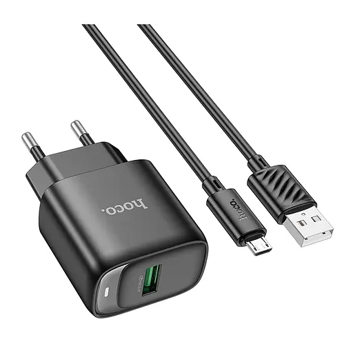 Мережевий зарядний пристрій з кабелем Hoco C140A Smart single port QC3. 0 charger set(Micro)(EU) чорний - фото 1