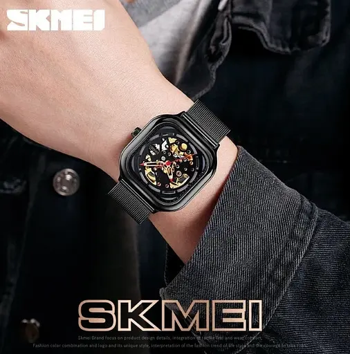 Чоловічий механічний годинник Skmei 9184 скелетон (Чорний) - фото 7