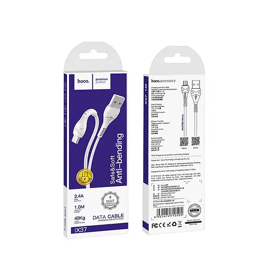 Кабель HOCO X37 USB to Micro 2.4A, 1m, PVC, PVC соединители, White - фото 2