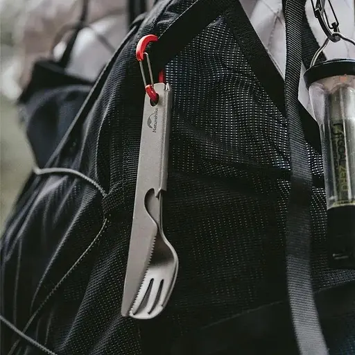 Туристичний набір (ложка, вилка, ніж) Naturehike CNH22CJ017 з титану з мішечком (Сірий) - фото 5