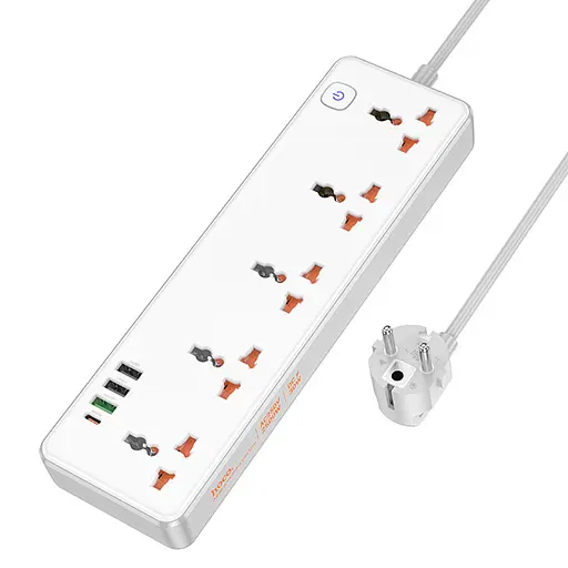 Подовжувач Hoco AC14A Rico PD30W (3USB-A/1C/5xSocket) (1.5m) White - фото 4