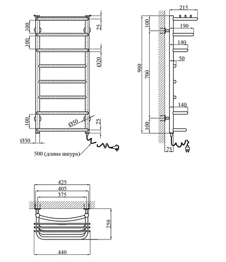 Полотенцесушитель электрический Kroner Канна ДК05ER 900х400/8 ER (CV032310) - фото 5