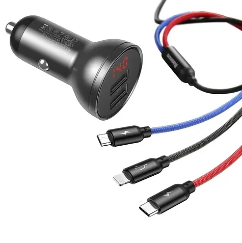 Автокомпонент зарядний і кабель 3-в-1 Baseus Digital Display 24 W 2 usb TZCCBX-0G - фото 1