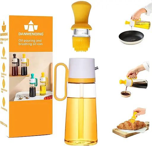 Диспенсер дозатор для масла уксуса соуса стеклянная бутылка с силиконовой щеткой 2в1 630 мл, Danmenqing Желтый 85063 - фото 1