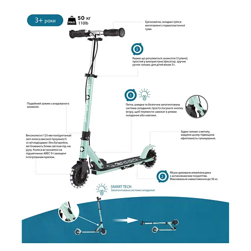 Самокат Globber Flow Element Junior Lights LED, м'ятний (729-206) - фото 12
