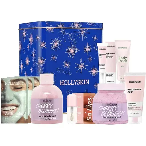 Подарочный набор Hollyskin Midnight Bloom: Гель для душа 300 мл + Скраб для тела 300 мл + Крем для лица 50 мл + Крем для кожи вокруг глаз 10 мл + Крем для рук 30 г + Набор лифтинга масок 10 г + Масло для губ 4 мл