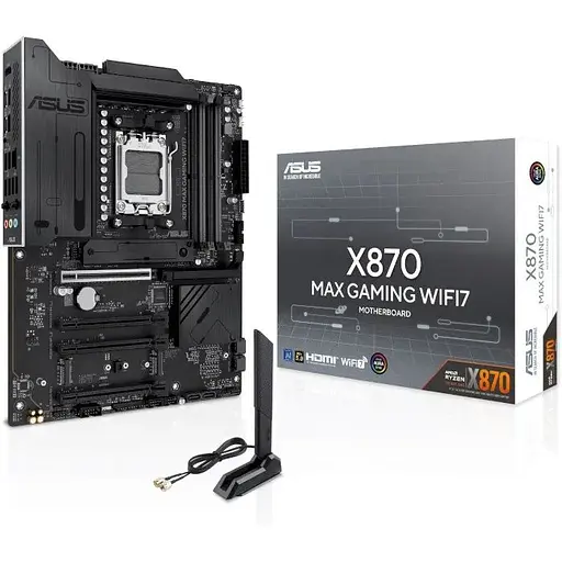 Материнская плата Asus AM5 X870 MAX Gaming WIFI7, X870, 4xDDR5, Int.Video (CPU), 4xSATA3, 3xM.2, 1xPCI-E 5.0 x16, 2xPCI-E 4.0 x16, 1xPCI-E 3.0 x16, Realtek 7.1, Realtek 2.5Gb, WiFi 7, Bluetooth 5.4, HDMI/2xType-C, ATX - фото 2