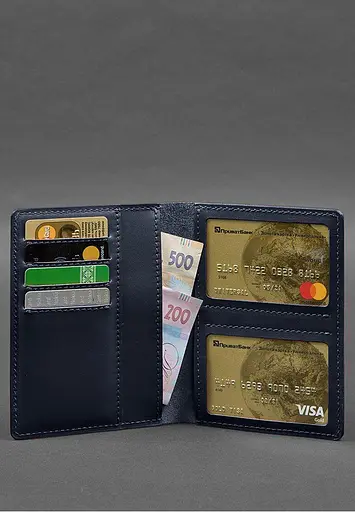 Кожаная обложка-органайзер для документов 6.1 темно-синий краст - фото 4