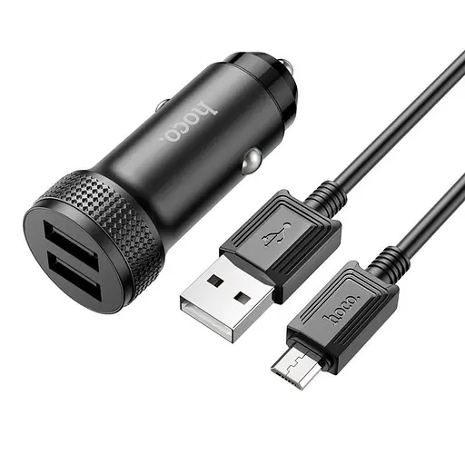 Адаптер автомобильный HOCO Micro USB Cable Level dual port car charger Z49 2 USB 12W черный набор - фото 1