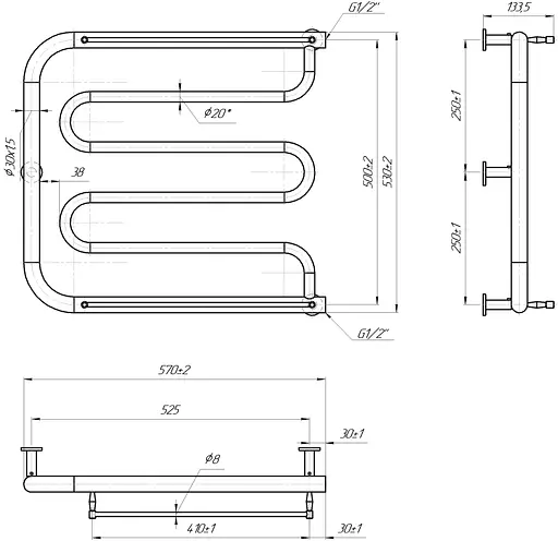 Водяна рушникосушка Mario Фокстрот Inox 530x570/500 1.8.044626.P, Хром, нижнее - фото 4