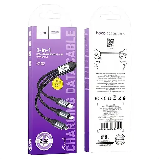 Кабель Hoco X102 Fresh iP + Micro + Type-C 3 in 1 1 м чорний - фото 2