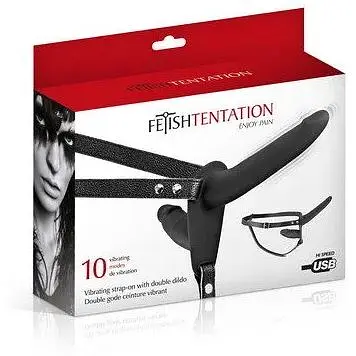 Подвійний страпон з вібрацією Fetish Tentation Vibrating Strap-On With Double Dildo Black - фото 3