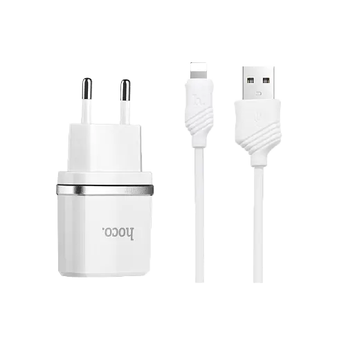 Адаптер питания 2 USB Hoco C12 + Юсб кабель для iPhone набор белый 6957531047766 - фото 3