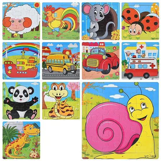 Дерев’яна іграшка Пазли, 16 деталей (тварини, комахи, транспорт, динозаври), 15x15x0.5 см (В асортименті) - фото 2