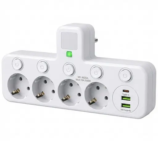 Мережевий фільтр-адаптер Voltronic UL8625 7-in-1, 4x220V-2500W, 2xUSB, 1xType-C PD - фото 1