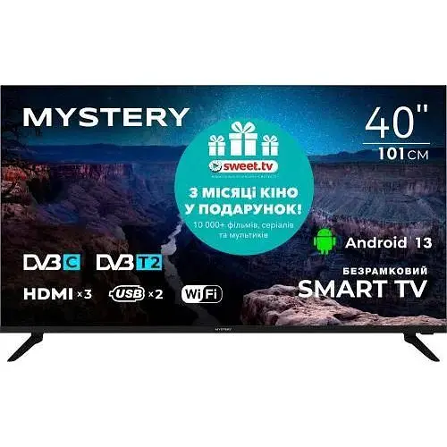 Телевізор 40" Mystery 4060FST2, чорний, LED, 1920x1080, 60 Гц, Smart TV (Android TV), 1Gb/8Gb, 2x10 Вт, DVB-T/T2/C, 3xHDMI, 2xUSB, - фото 1