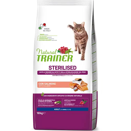 Сухой корм для стерилизованных кошек и кастрированных котов Trainer Natural Super Premium Adult Sterilised with Salmon, с лососем, 10 кг - фото 1