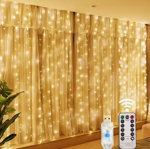 Гирлянда штора 3 х 3 м 300 LED диодов 8 режимов мигания Теплый/желтый цвет (00291) - фото 2