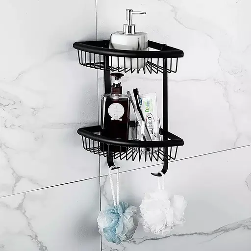 Полка угловая двухъярусная с крючками Frap F352-16, Черный матовый - фото 2