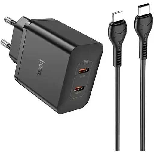 Зарядное устройство комплект Hoco N35 2 выхода USB-C 45 W с кабелем C to iPhone black - фото 1
