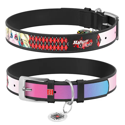 Ошейник для собак кожаный Waudog Design с QR-паспортом "Харли Квин" Ш 12 мм Д 20-28 см черный