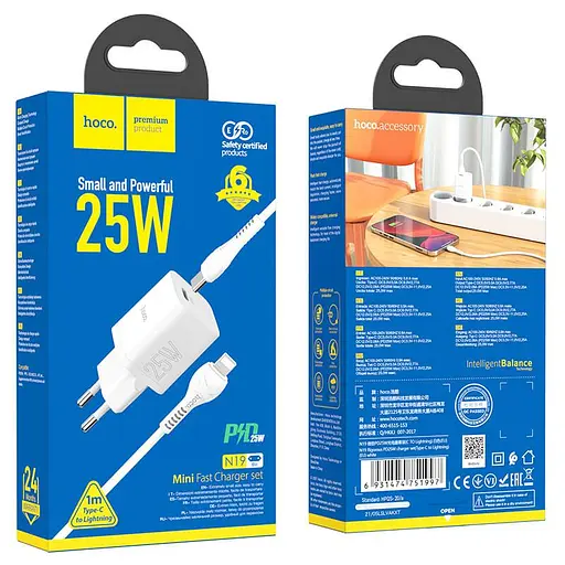 Зарядний комплект Hoco Rigorous charger set N19 Type-C to Lightning cable 25W білий - фото 4