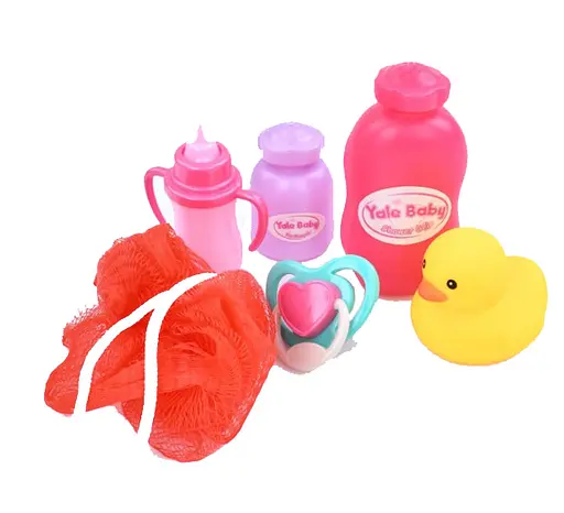 Аксесуари для ляльки YL205J соска, пляшечка, флаконі, мочалка, качечка, в пакеті (6903317589883) - фото 1