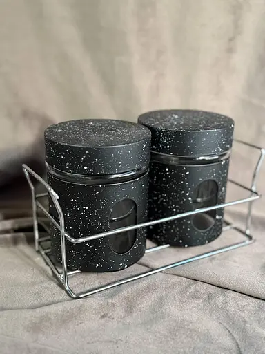 Набор емкостей для приправ A-Plus 2шт с подставкой баночки из стекла 80 мл подставка металл Черный мрамор - фото 3