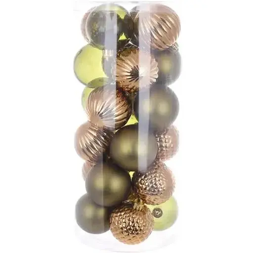 Набір ялинкових куль Мокко і хакі діаметром 6 см 24 шт рельєфний перламутр матові і глітер - фото 1