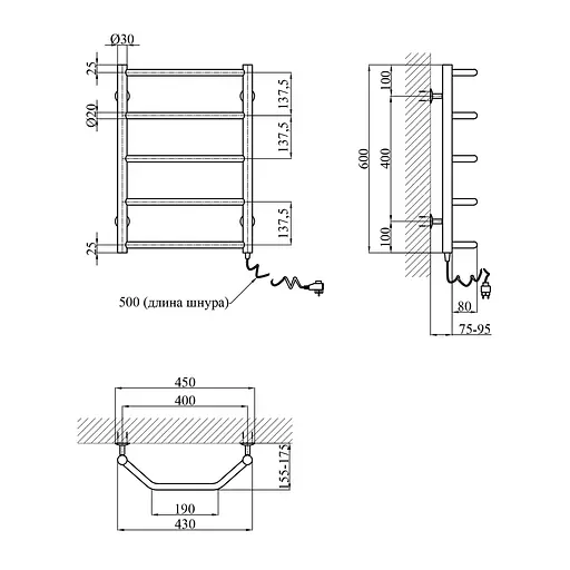 Рушникосушарка електрична Kroner Трапеція ДТER 600x400/5 ER CV026131, Хром, Праве - фото 2