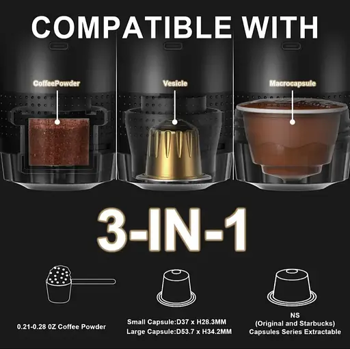 Портативная USB-кофеварка 3-в-1 для эспрессо, капсул и молотого кофе – компактная, беспроводная, с подогревом - фото 3