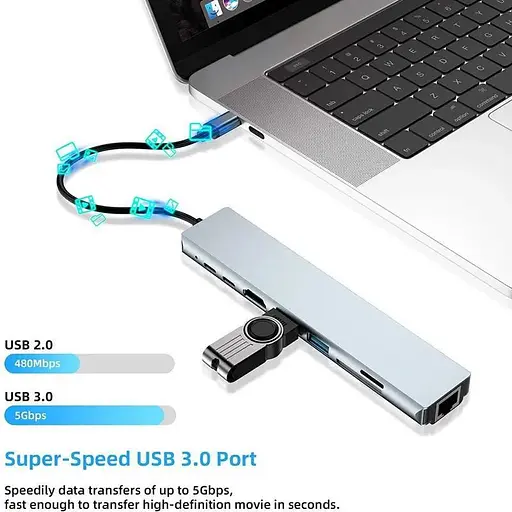 Хаб USB типа C HUB 8 in 1 PD100W 4K 30 Гц RJ45 USB 3.0 10 Гб/с - фото 6