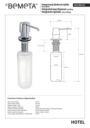 Вбудований дозатор для рідкого мила Bemeta Hotel 152109122, Хром - фото 2