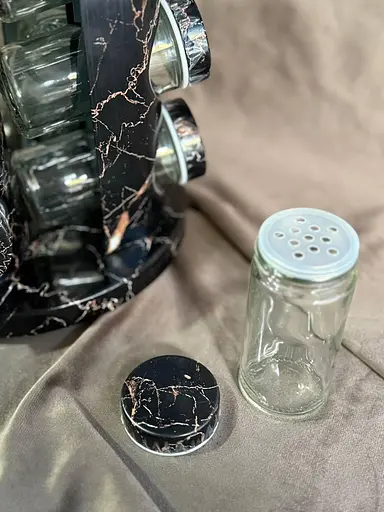 Органайзер А-Плюс 13 предметов набор для приправ на вращающейся подставке 12 баночек по 80 мл металлическая стойка Черный мрамор - фото 3