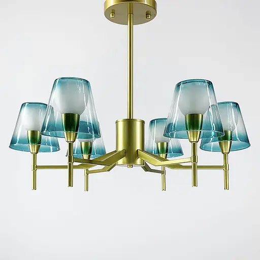 Стельова люстра у золотому каркасі із бірюзовими плафонами Line.F Кількість ламп 6 - фото 1