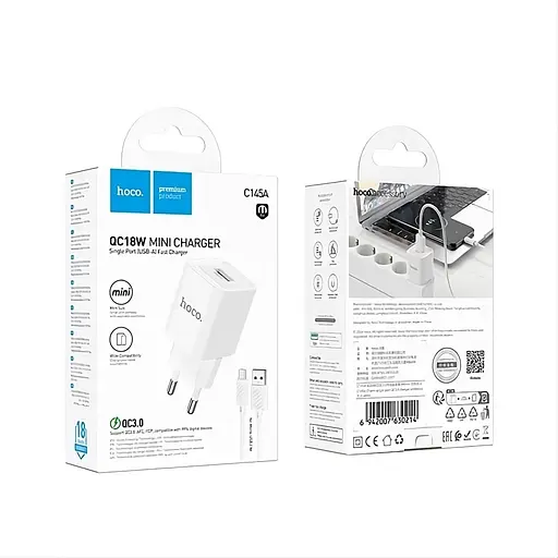 Мережевий зарядний пристрій Hoco C145A QC3.0 1 x USB-порт 3A з кабелем Micro-USB - фото 3